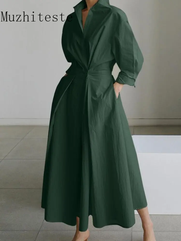 

New In Spring Autumn Lapel Dress Korean Fashion Streetwear Women's Loose Solid Color Long Sleeved Long Sleeve Long Top Dress