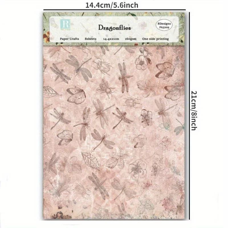 Dragonflies Scrapbook Paper Pad Assorted Pattern Decoupage Cardstock Vintage DIY Decorative Cardmaking Supplies 8pcs Junk