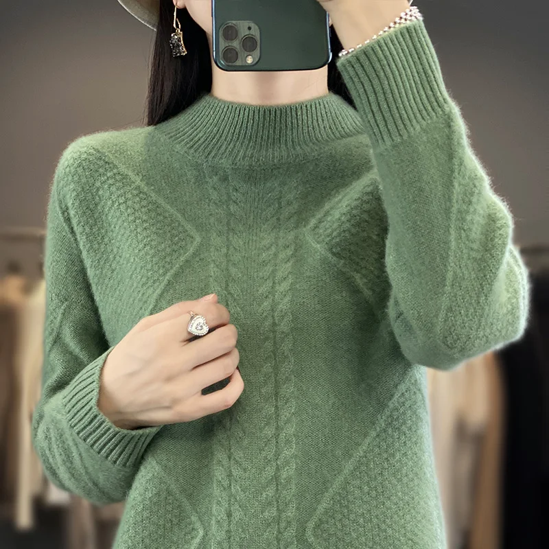 2024 Women's Cashmere New Retro High Quality Fashion Half High Collar Pullover Autumn and Winter New Solid Color Cashmere Pullov 2