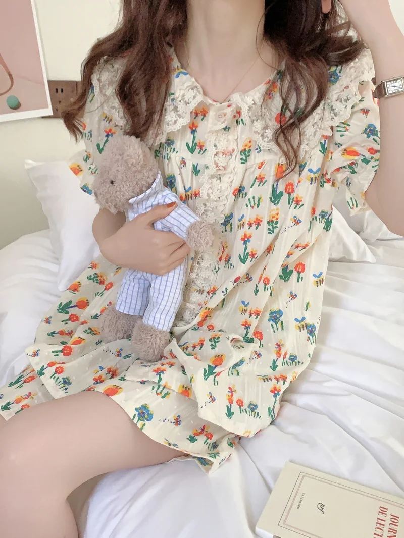 

French Style Lace Short Sleeve Shorts Pyjamas Women Sleepwear Summer Home Clothes Floral Print Pajama set Cotton Nightwear S201