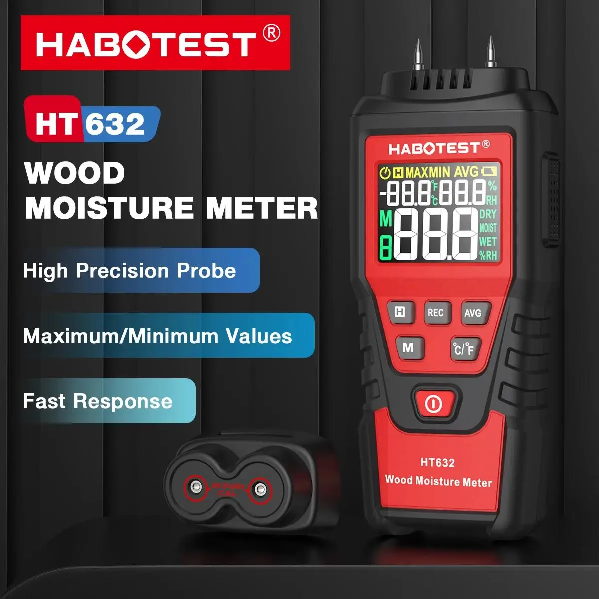 HABOTEST Digital Wood Moisture Meter HT632, wall water tester humidity meter two pins hygrometer concrete cement brick detector