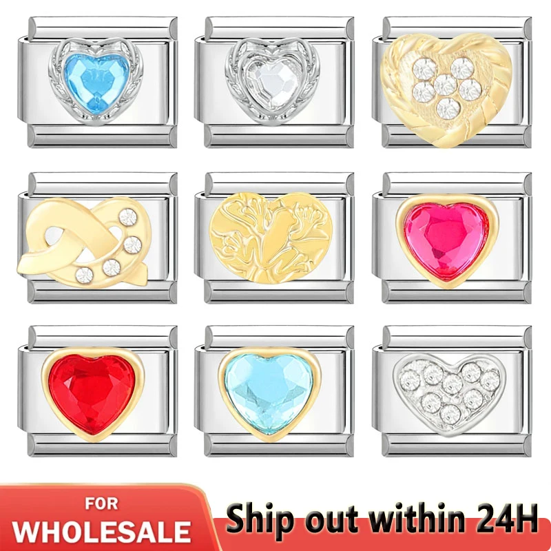 

New Module Bracelet Accessories Romantic Heart Rhinestones Italian Charm Links Fit 9mm Bracelet Stainless Steel Jewelry Making