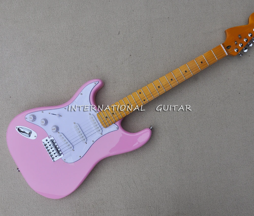 

Left Hand 6 Strings Pink Electric Guitar with White Pickguard,Yellow Maple Fretboard,Customizable