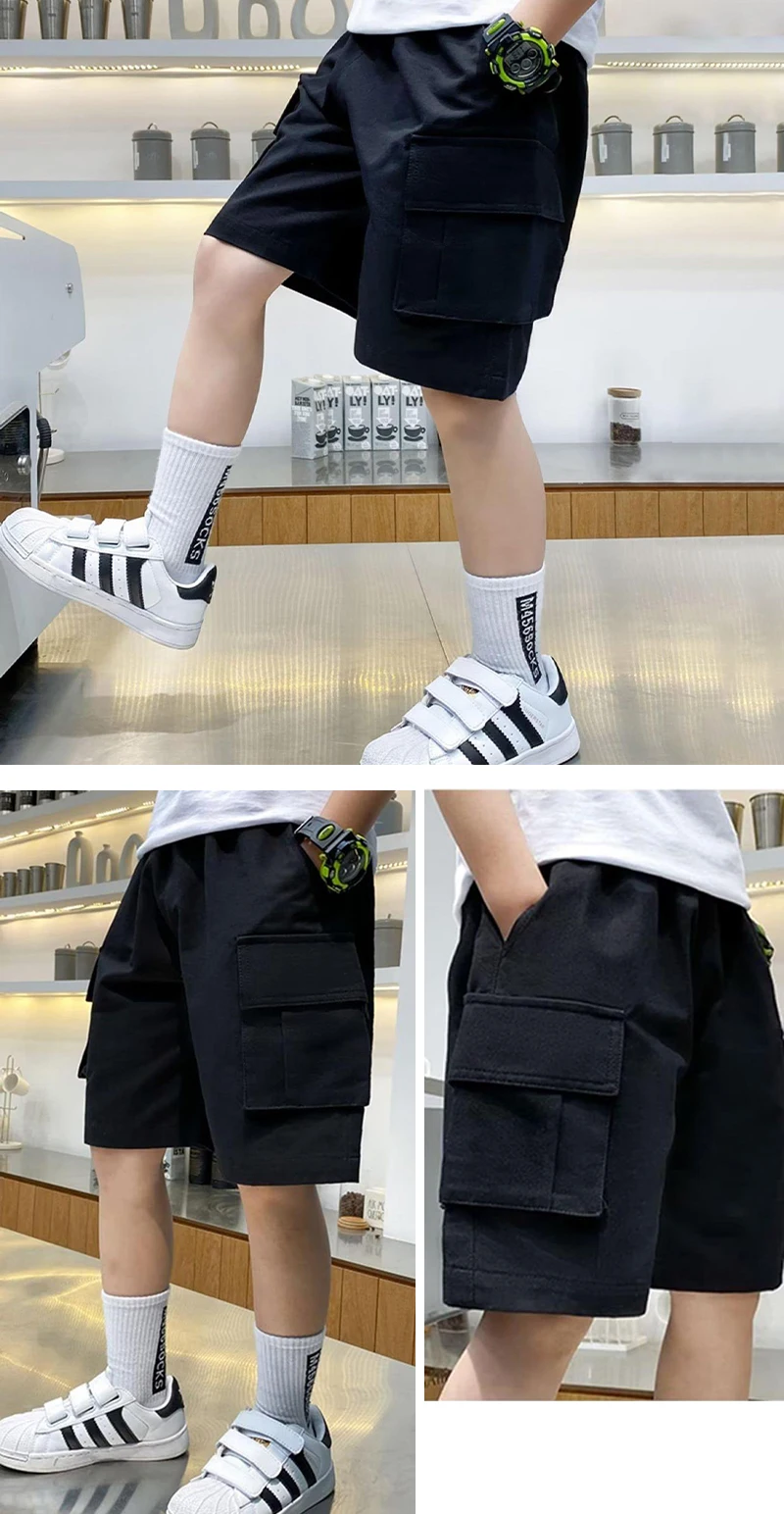 Neue Sommer-Shorts für Teenager-Jungen, lässige, einfarbige, lockere, knielange Cargohose für Kinder von 3-14 Jahren, Kinderhose – Detail 15