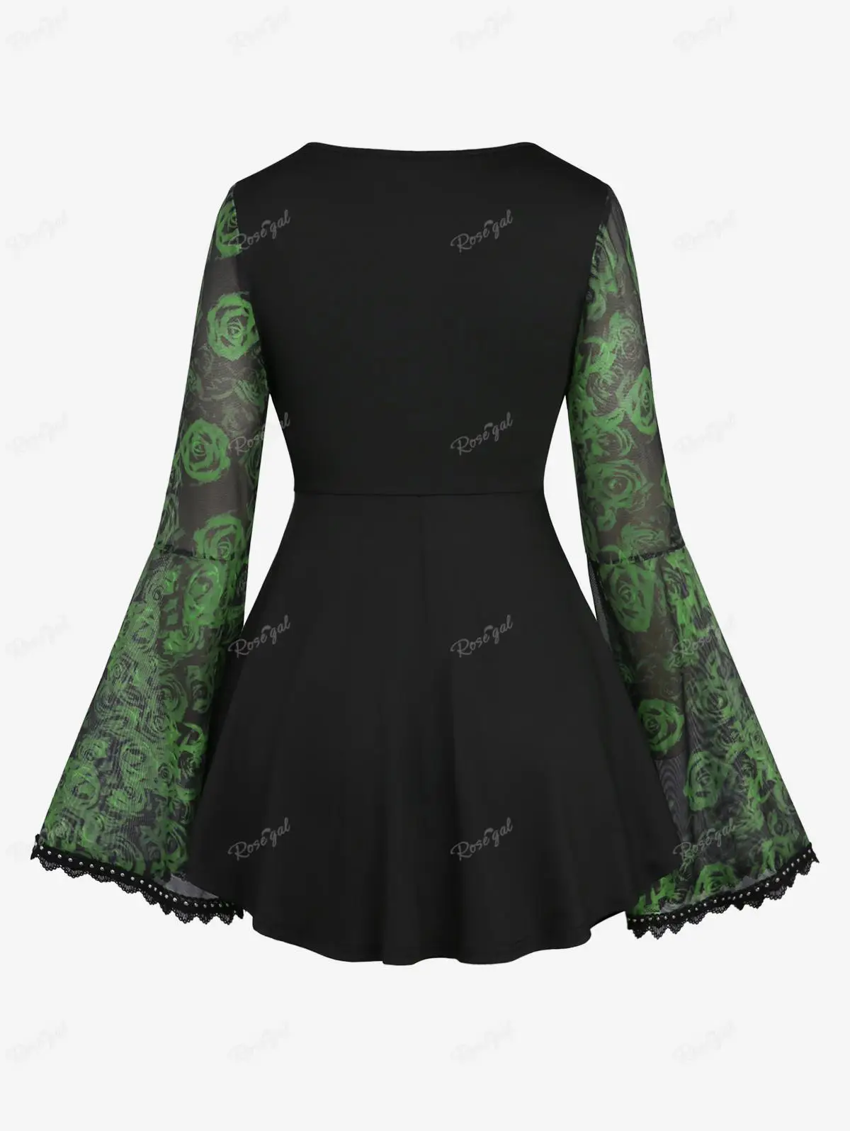 ROSEGAL Women's Plus Size Long Sleeves T-shirt Deep Green Lace-up Lace Trim Flare Sleeves Top Autumn Winter Ruffles Tees