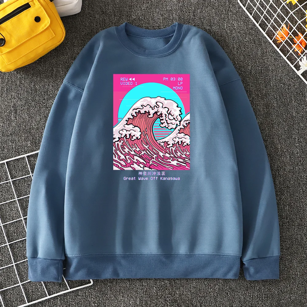 

Эстетика Vaporwave Great Wave Off Kanagawa принты в стиле ретро мужские толстовки Harajuku, уличная одежда с круглым вырезом, модные мужские топы с капюшоном