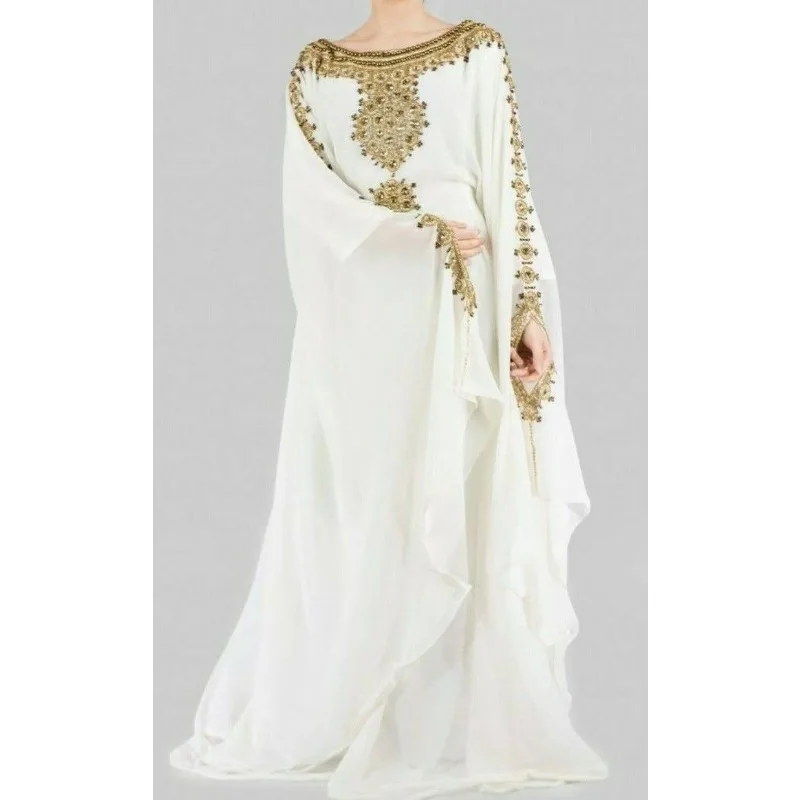 

Moroccon White Zari Stone Georgette Kaftan Far Dubai Asha Abaya Fashion Trends