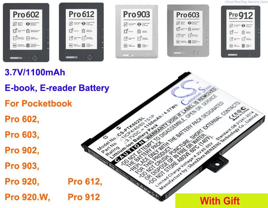 Batteria E-Reader Cameron Sino 1100Mah Per Pocketbook Pro 602, 603, 612, 902, 903, 912, 920, 920.W