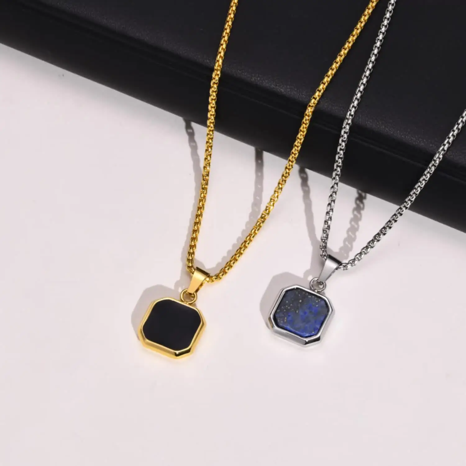 Vnox 15mm Square Pendant Necklace for Men, Gemetric Enamel Lapis