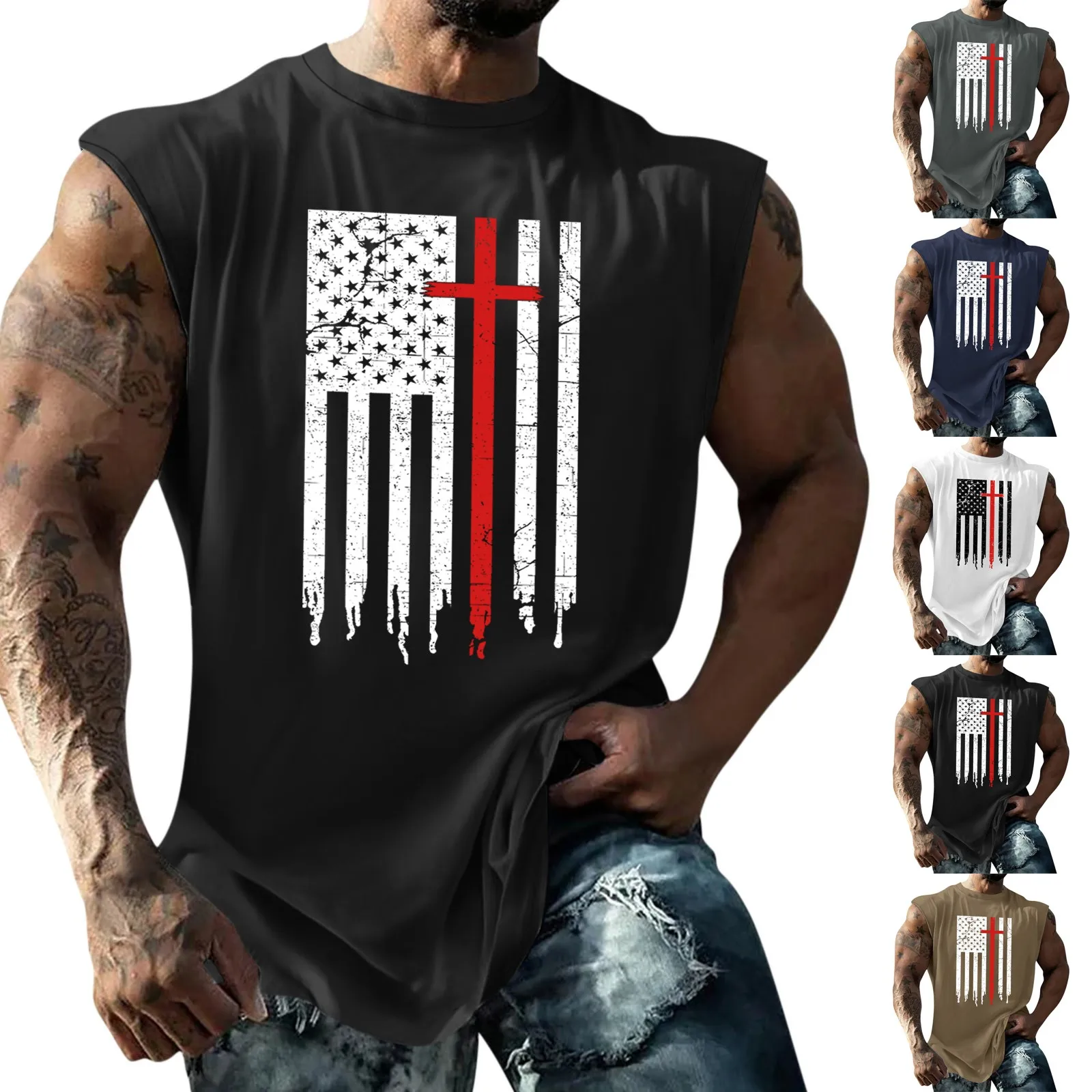 Description Picture 2 of itemMen Independence Day Tank Top Flag Print Vest Male Fashion Summer Streetwear Sleeveless Sport Shirt V-neck Casual Clothes S-3xl