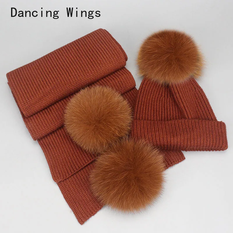 

New Knitted Winter Hat Scarf Set Skullies Real Fox Fur Pompom Women Thick Beanies and Scarf Female Knitted Winter Girls Gift