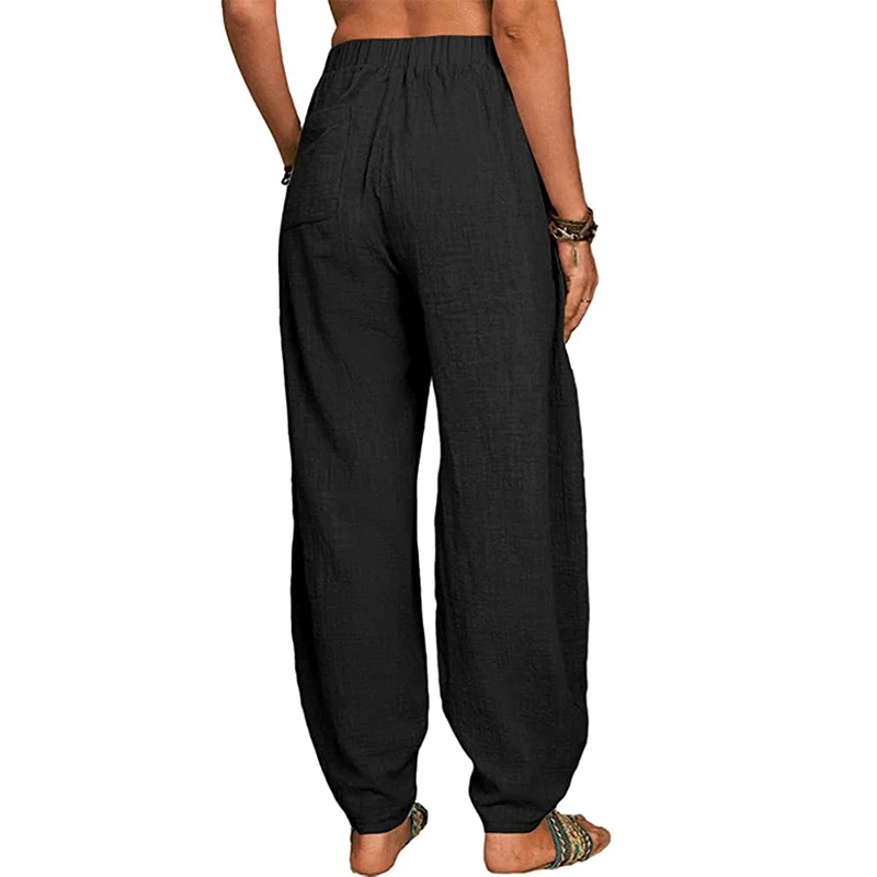 Women Harem Pants Summer Casual Vintage Cotton Linen Pants Elastic Waist Wide Leg Retro Loose Pockets Female Mom Trousers S-5XL