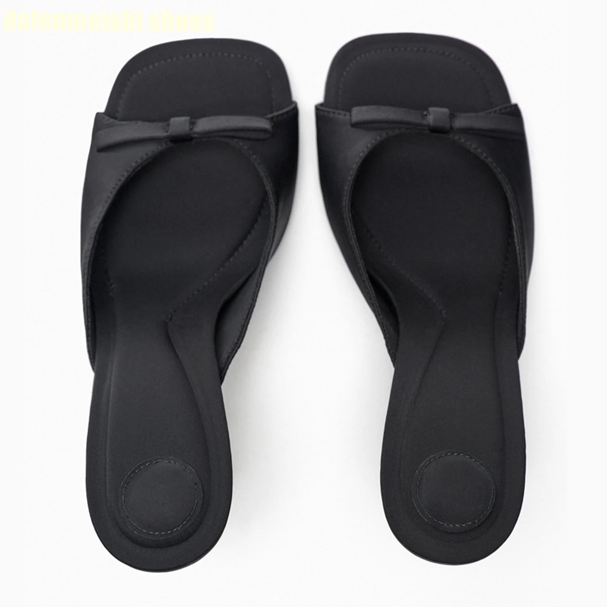 Bow Decorated Fabric High Heel Women Slippers 2024 Summer New Black Slip On Slides Sandals Fashion Open Toe Square Toe Mules