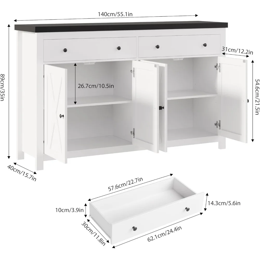 Sideboard with locker, 55 inch large kitchen storage cabinet with 2 drawers, 4 doors, wooden coffee bar cabinet buffet table