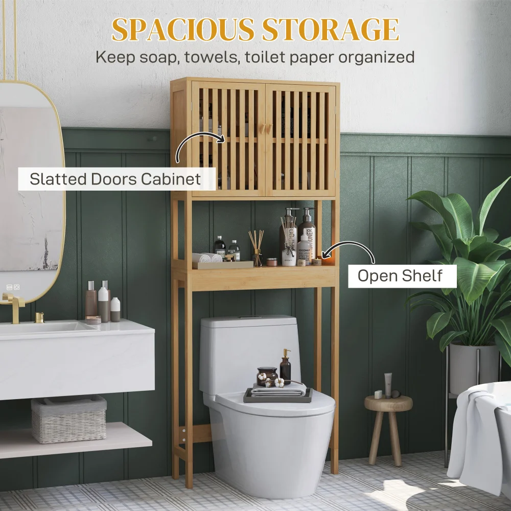 HOMCOM Bamboo Over the Toilet  Cabinet, Over Toilet Bathroom Organizer with Slatted Doors, Adjustable Shelf and Open Shelf, Natu 6