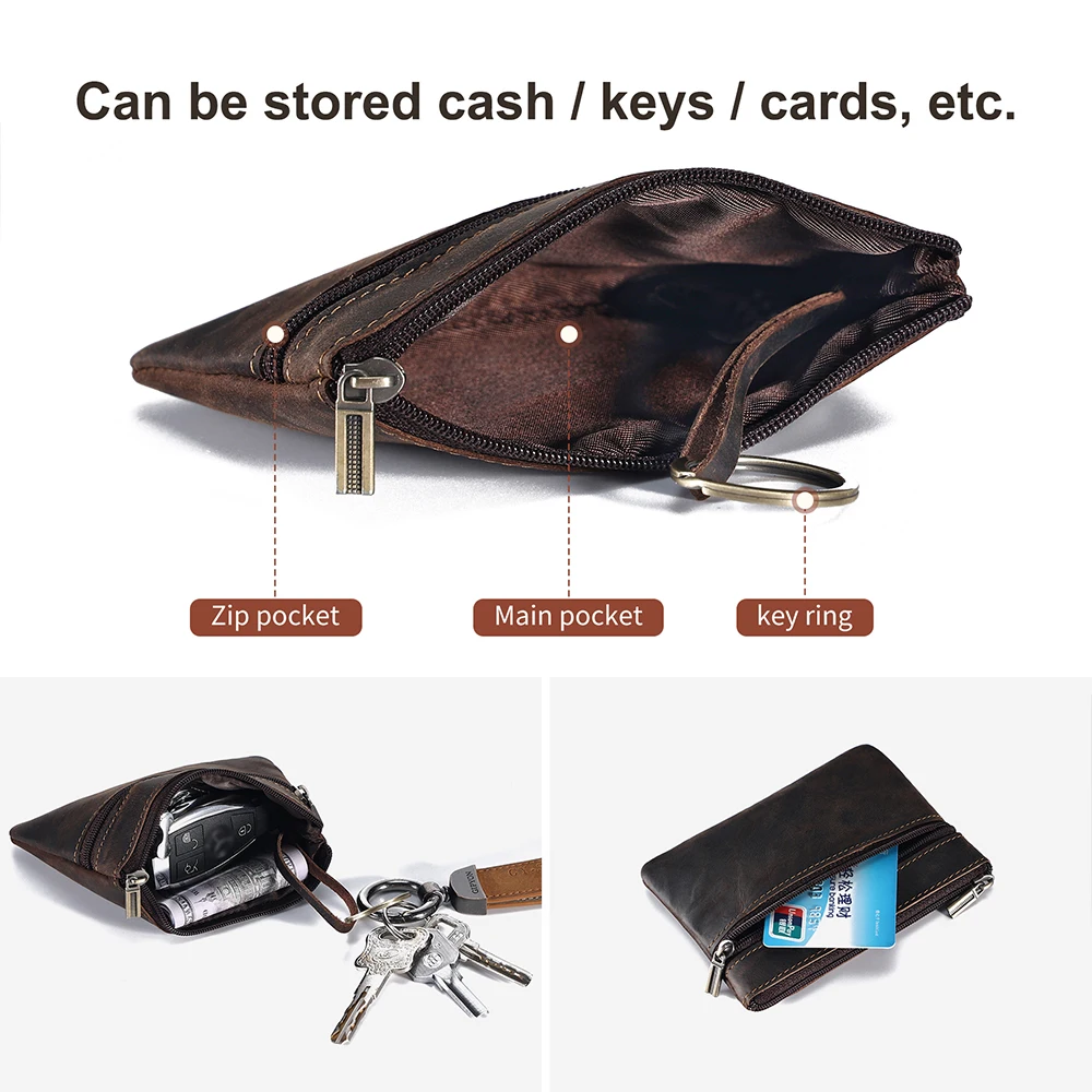 JOYIR Vintage Crazy Horse Leather Men's Coin Purse Card Holder Wallet with Key Ring Cash Change Pouch
