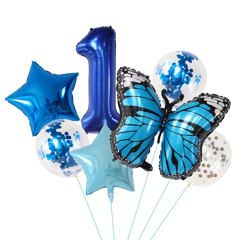 Blue Butterfly Birthday Balloon Set - 7-Piece Party Decoration Kit