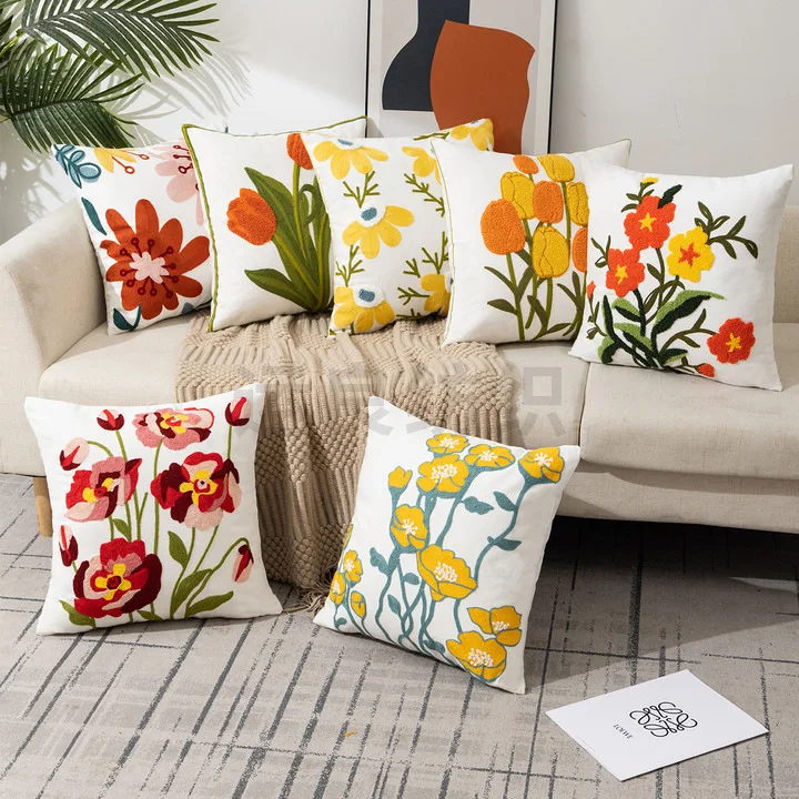 New Canvas With Embroidered Cushion Cover Pillow case Pastoral style For Home Decor /Office Living Room 45cm No Filler Flower 1