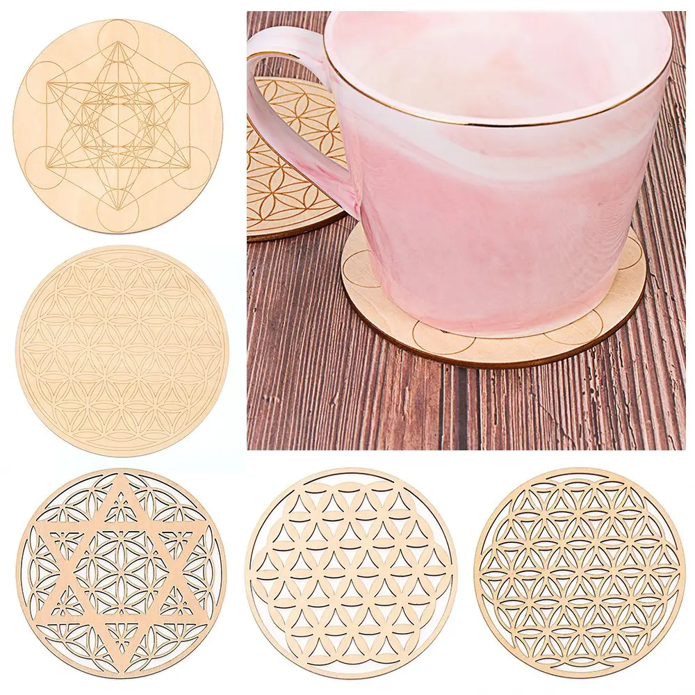 1PC Chakra Flower of life Natural Symbol 7 Kinds Wood Round Edge Circles Carved Coaster For Stone Crystal Set DIY Decor Healing