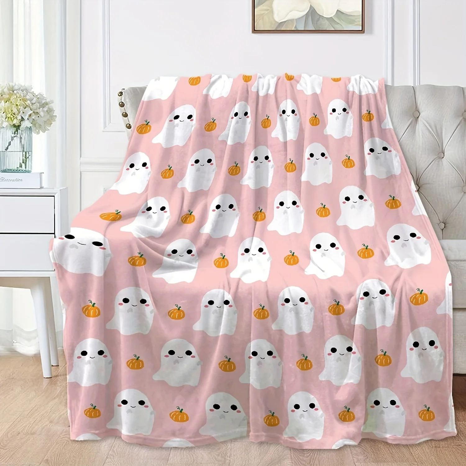 

1pc Cute Ghost Pumpkin Blanket Halloween Lightweight Throw Blanket For Women Men Soft Cozy Fleece Sofa Living Room Bed Blanket F