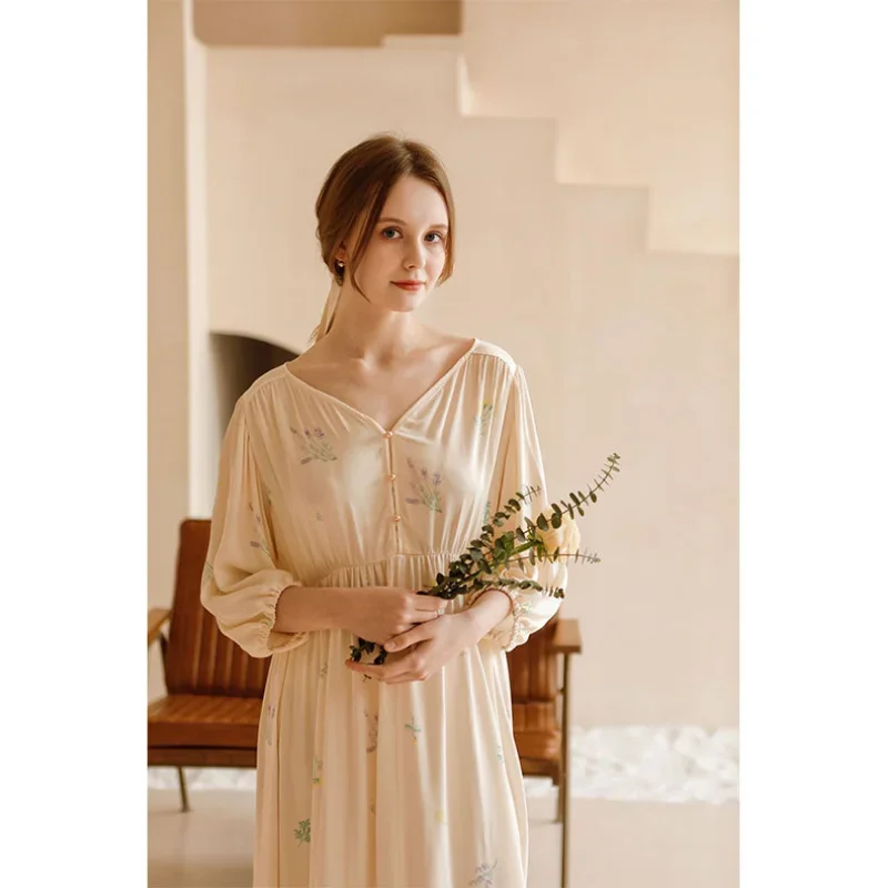 Women's Satin Sleeping Dress Cute Sweet Printed Nightgown