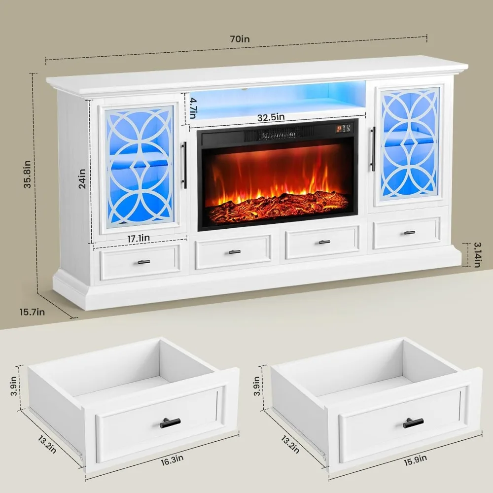 70'' Fireplace TV Stand for TVs Up to 80 Inch,White TV Stand with 30"Fireplace & LED Lights,with Storage Drawers for Living Room 5