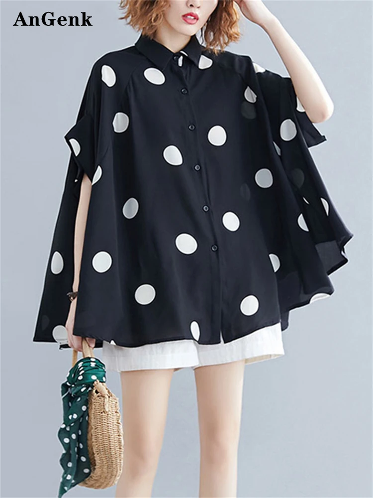 

Women Black Polka Dot Print Blouse New Chiffon Lapel Short Sleeve Loose Casual Shirt Tops Fashion Spring Summer Clothing 2022