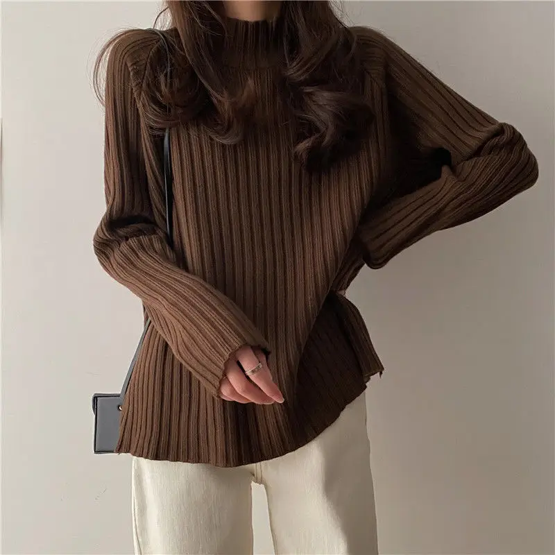 

Half-high Neck Knitted Bottoming Shirt Women 2023 New Section of Medium-length Pullover Loose Long-sleeved Sweater Knitwear