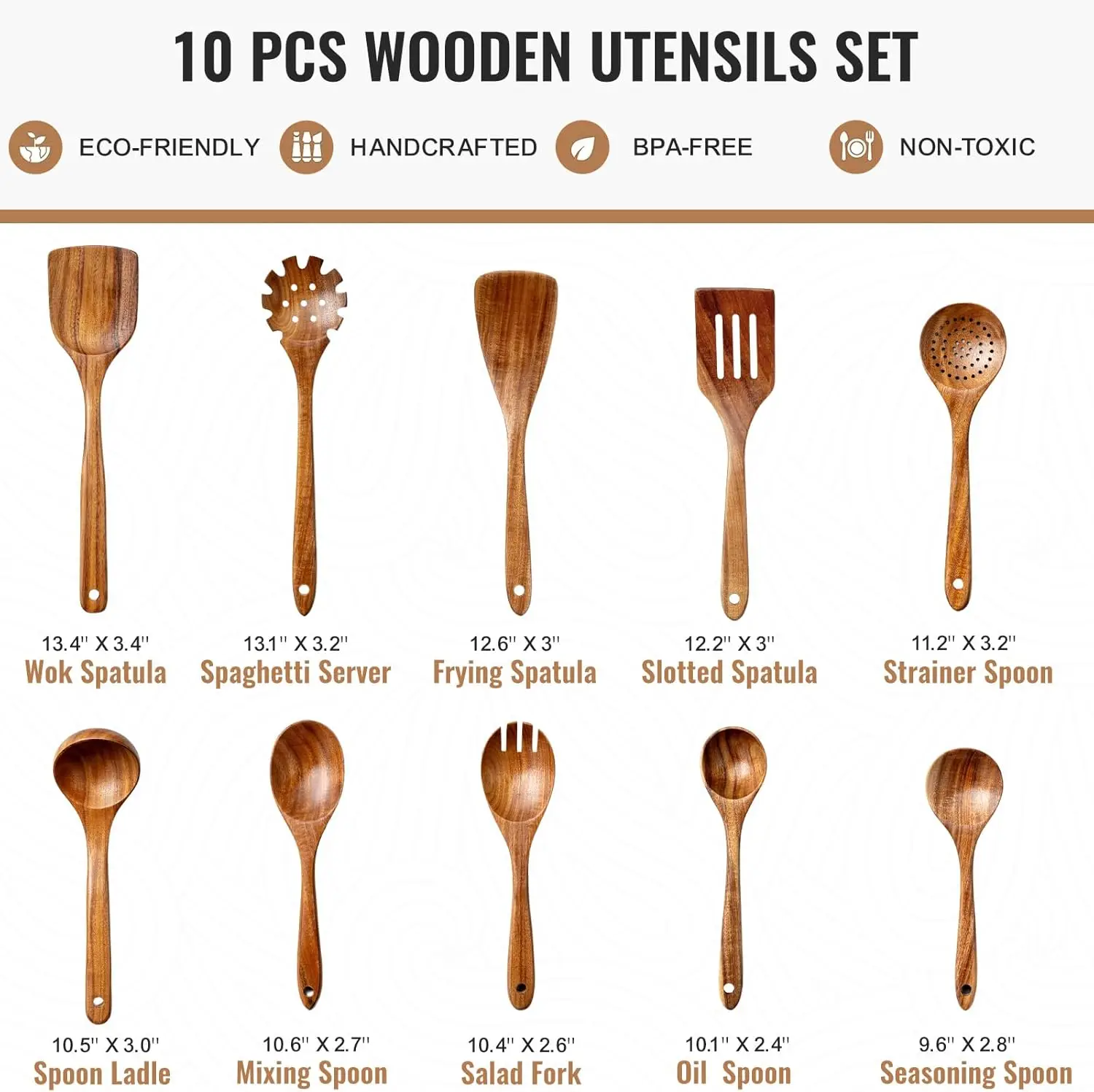 10-Piece Natural Teak Wooden Kitchen Utensil Set, Durable Non-Stick Cooking Spoons with Comfort Grip and Smooth Finish 2