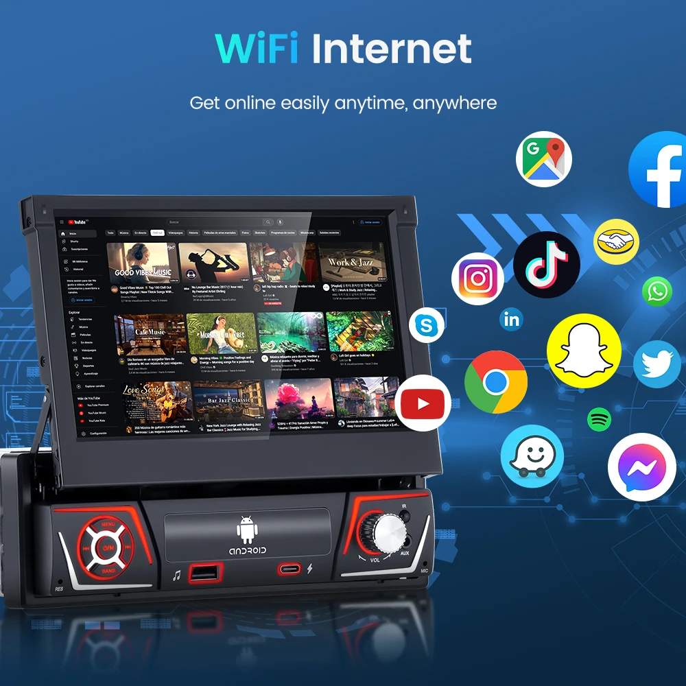 Radio para Auto GEARELEC con Android 14, 1 Din, Carplay, Android Auto, Pantalla Retráctil IPS de 7 Pulgadas, Reproductor Multimedia Universal para Auto, Navegación GPS, Bluetooth, FM, RDS, Estéreo para Auto 6