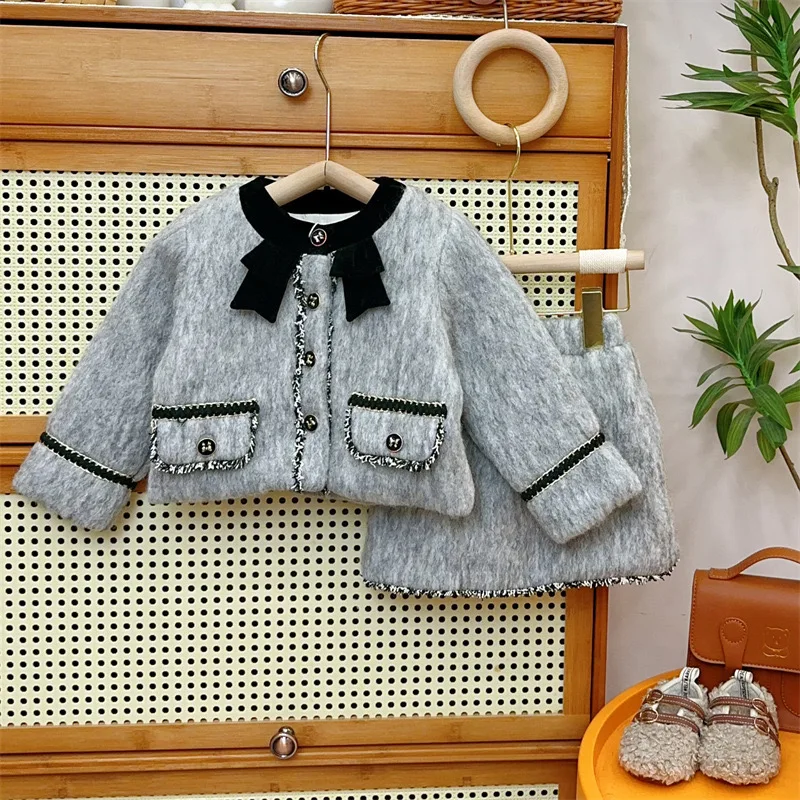 

Late Autumn Girls 2 Pcs Set Toddler Coat + Skirt Kids Suit Baby Warm Clothes Children Fashion Faux Fur Cotton Padded 2-7Y
