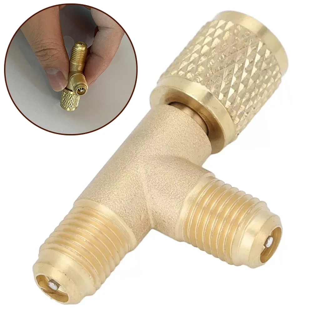 Car Quick Coupler Tee Adapter Valve Core 1/4in SAE Brass Air-Conditioning Quick-Connector T-shaped Adapter 1pc For R22 R12 R134