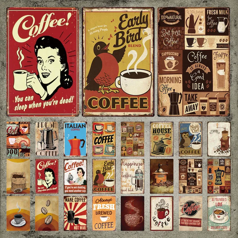 

Coffee Vintage Plaque Coffee and Tea Metal Signs Tin Signs Iron Painting Wall Stickers Metal Plate for Cafe Home Wall Decoration