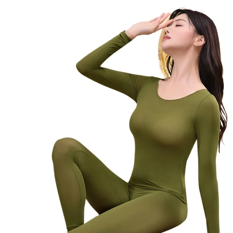 Autumn Winter Warm Thermal Set Women Seamless High Stretch Underwear Pajamas Set Long Sleeve Bottoming Top and Long Pants