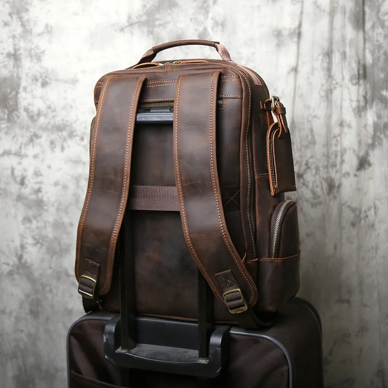 NZPJ Retro Genuine Leather Men's Backpack Top Layer Cowhide Backpack  Fashion Men's Bag Crazy Horse Skin Travel Computer Bag