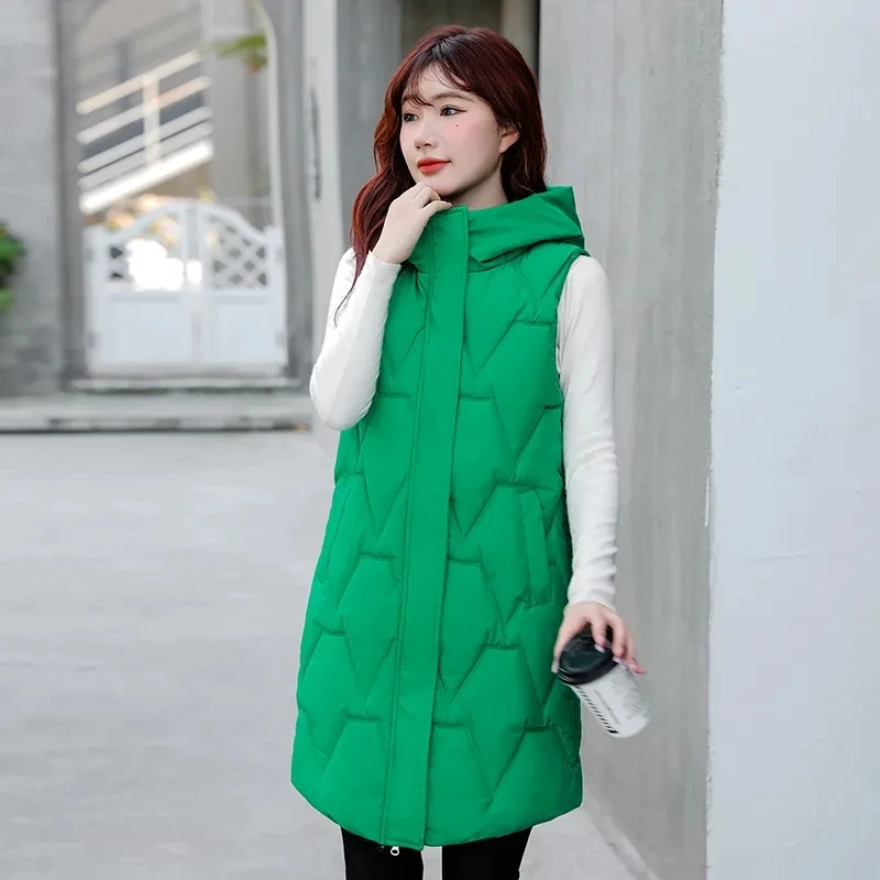 

Женский пуховой жилет, теплая куртка без рукавов, длинный жилет с капюшоном, верхняя одежда, осень-зима 2023