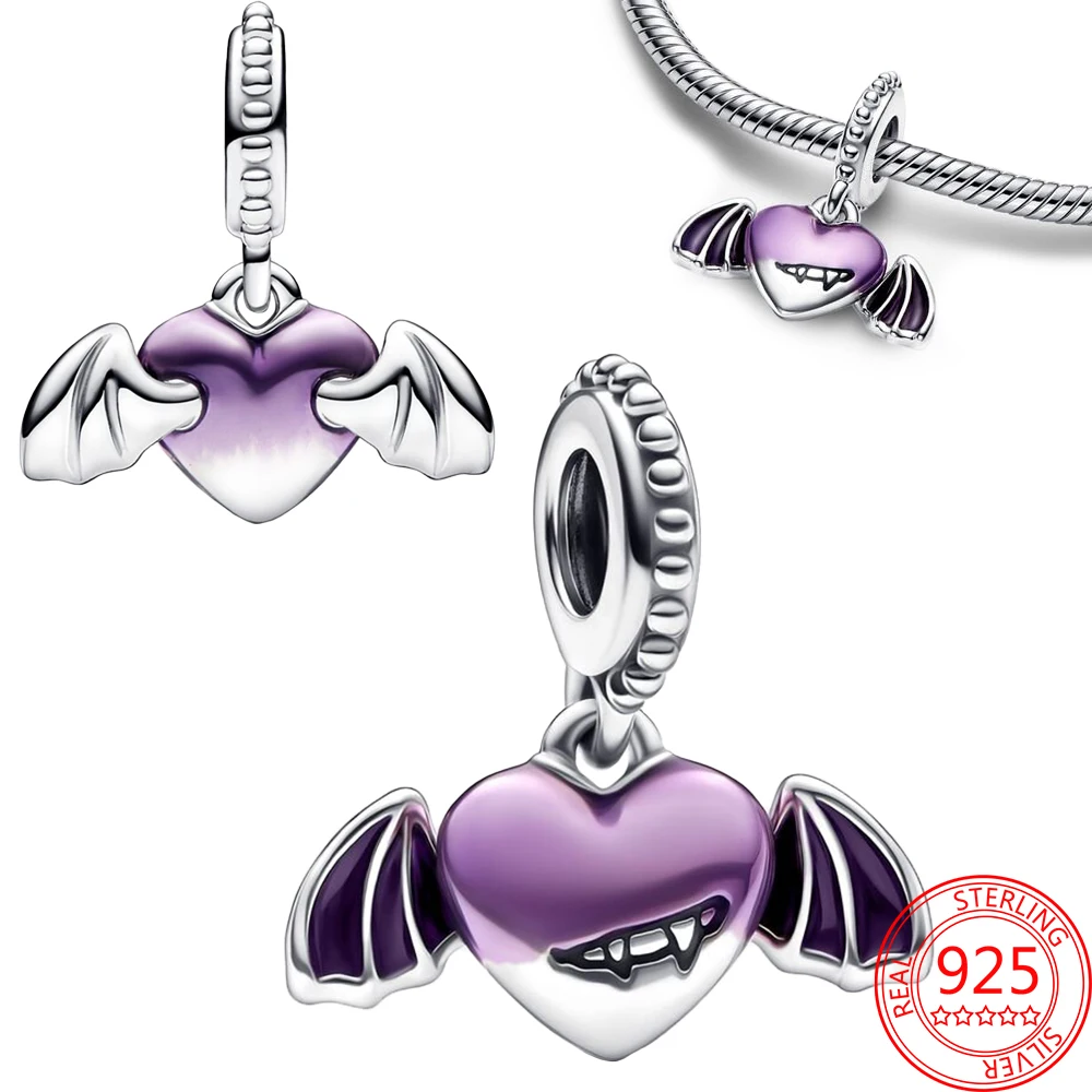 

Cute Pendant S925 Sterling Silver Purple Vampire Winged Heart Dangle Charm FitsBracelet Women Fine Jewelry Gift