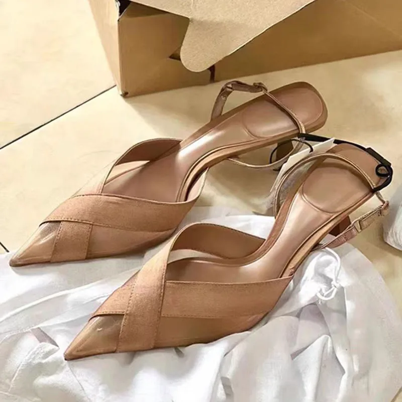 

TRAF Cross Strap Upper Slingabcks For Woman Khaki Point Head Mid Heel Stilettos Sandals Women New Fashion Spike Heel Pumps Shoes