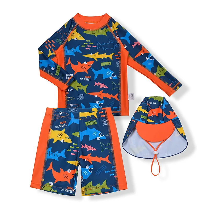 3 Pcs Boy's Swimsuit Sun Protection UPF 50+ Long Sleeve Swimming Sunsuit With Hat Split Bathing Suits Children boys swimwear