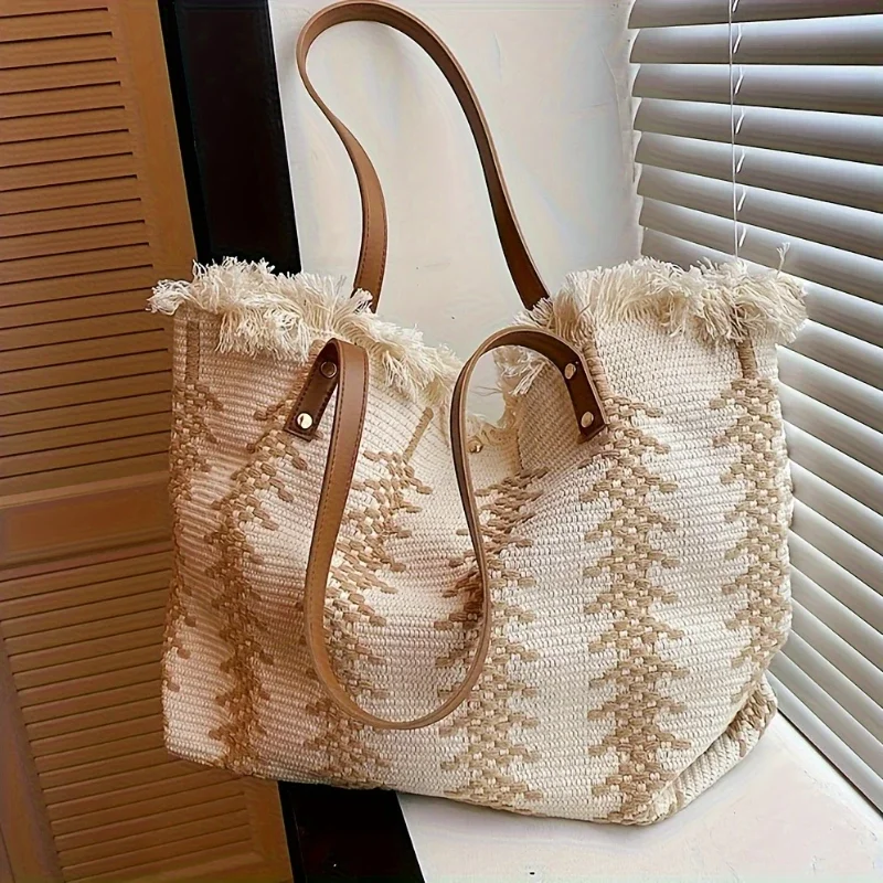 Chic Striped Canvas Tote Bag with Fringe Detail - Spacious Shoulder Handbag for Beach & Shopping, Machine Washable