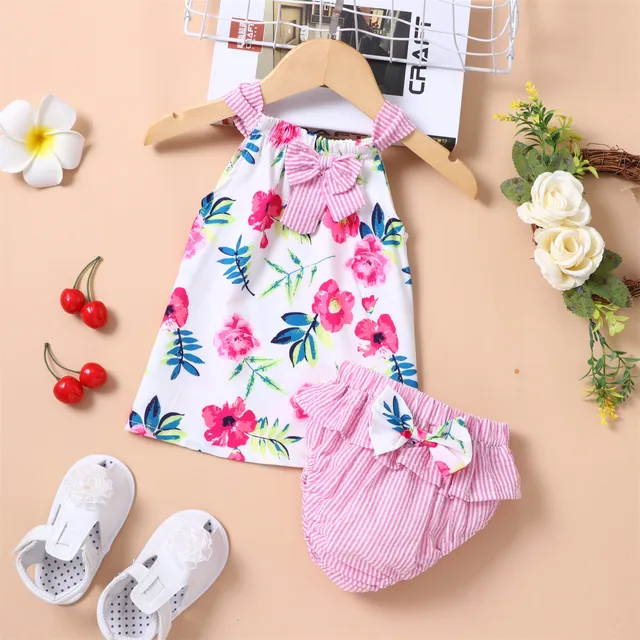 3 6 9 12 18 24 Months Newborn Baby Girls Clothes Sets Floral Print Summer Sleeveless Tops+PP Shorts Sets Infant Outfits Clothes 1