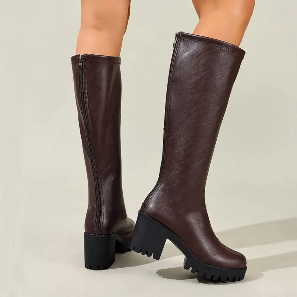 Autumn and Winter New Round Head Thick Sole Retro Heightening Mid-calf Boots with Velvet Warm and Comfortable Fashion Show Boots