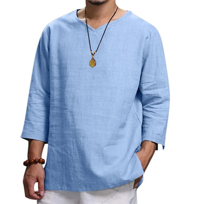 Spring Autumn Casual Loose Shirt Men's V Neck Pullover Minimalist Blouse Male Daily Commuter Seven-part Sleeve Cotton Linen Tops