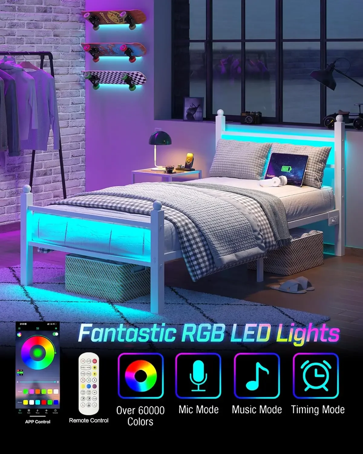 Twin Metal Bed Frame with Headboard & Charging Station 6