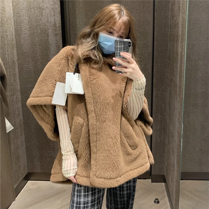 MM Real Fur Short Cloak Teddy Coat Lady Content Woven Fabric Thick Warm Overcoat Loose Cozy Outerwear Streetwear Oversize wp content