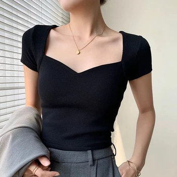 Women Square Neck Rib Crop T-shirt Summer Short Sleeve Crop Top Ladies Sexy Solid Color Short Tops Basic Black Tee Shirt 1