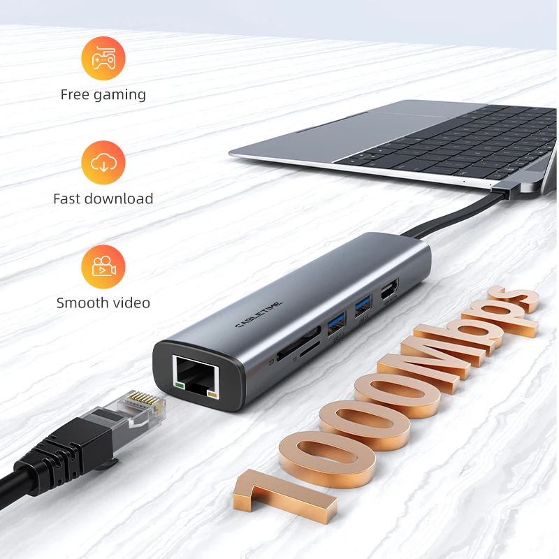 Hub USB-C 8 In 1 USX MOUNT – HDMI 4K, RJ45 Ethernet 100M, PD 100W, Lettore SD/TF E USB 3.0, Per MacBook, IPad E Surface