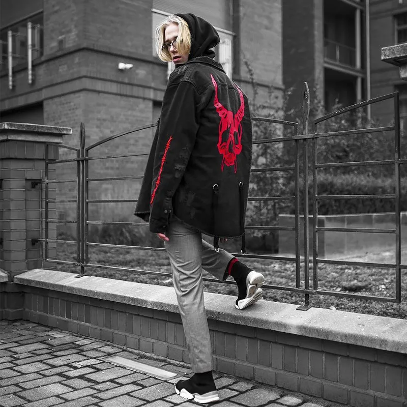 

Trend Skull Print Denim Jackets Men Fall Fashion Long Sleeve Lapel Buttoned Jean Coats Winter Mens Leisure Outerwear Streetwear