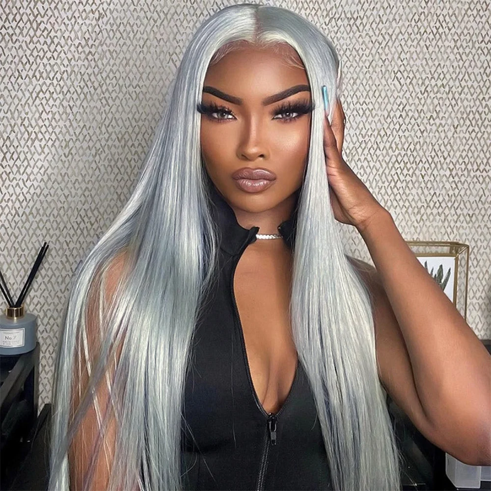 Grey Straight 13x4 HD Transparent Wigs Brazilian Virgin Human Remy Hair Wig For Black Women Pre Plucked Hairline Lace Front Wig