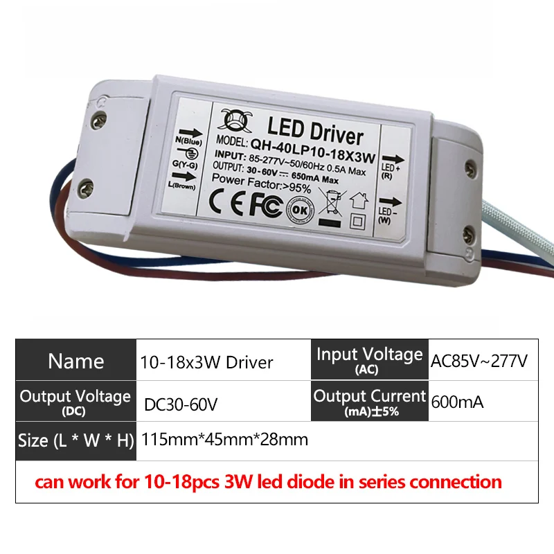 Alimentation (Driver) Courant Constant 600mA 40W Pour LED 3W - Entrée AC 85-265V